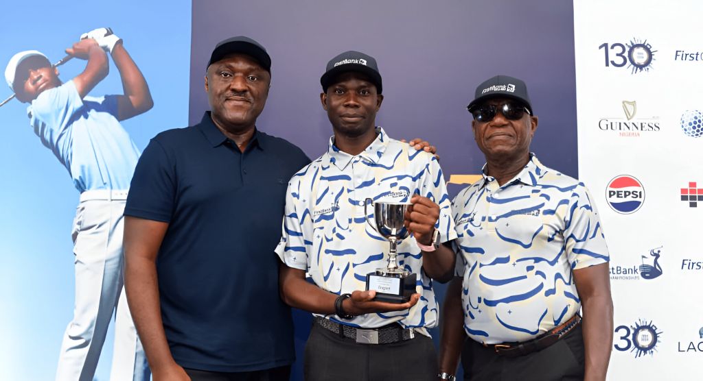 Nnaemeka Ejeh, Group Executive, Commercial Banking (South) Division, winner 63rd Lagos Amateur Open Golf Championship, Hameed Adenekan and Chairman, Ikoyi Club 1938, Tafa Zibiri-Aliu in group photograph with the reigning champion.