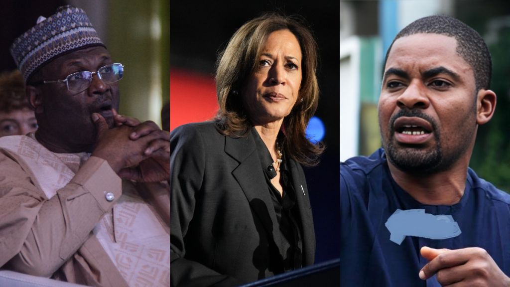 L-R: INEC Chairman, Mahmood Yakubu, US Vice President Kamala Harris and rights activist, Deji Adeyanju. [Getty Images/Facebook]