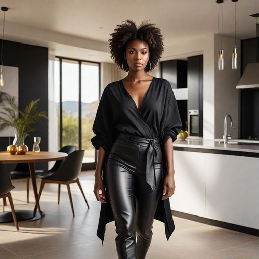 An Ai generated image of a black woman wearing modern fashionable clothes in a modern house( Source Hotpot.ai)