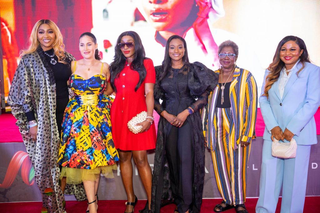 L-R: Actress, Lillian Esoro; Executive Producer and Actress, Carolyna Hutchings; Executive Producer and Actress, Ini Edo; Executive Head, Content and Channels, West Africa at MultiChoice, Dr Busola Tejumola; Veteran Actress, Ayo Mogaji and Executive Producer, Chineye ‘Chichi’ Nworah at the Private Screening of, 'My Fairytale Wedding'